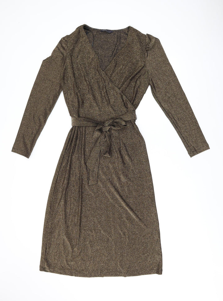Marks and Spencer Womens Gold Polyamide A-Line Size 10 V-Neck Pullover - Belted