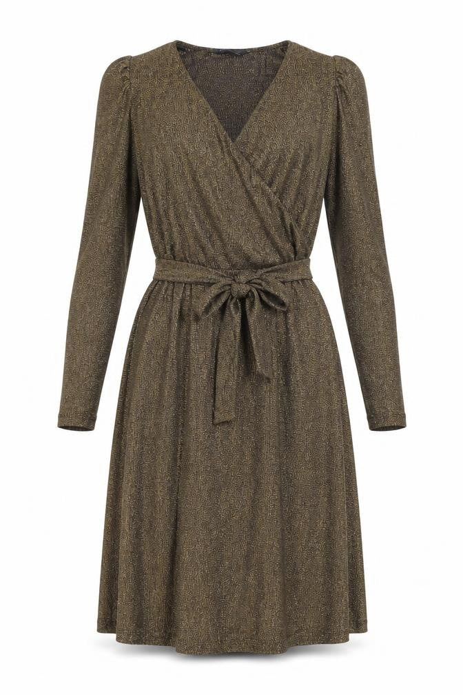 Front view of Marks & Spencer women’s gold polyamide a-line, size UK 10, v-neck pullover - belted