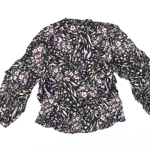Marks and Spencer Womens Black Floral Viscose Basic T-Shirt Size 8 Round Neck