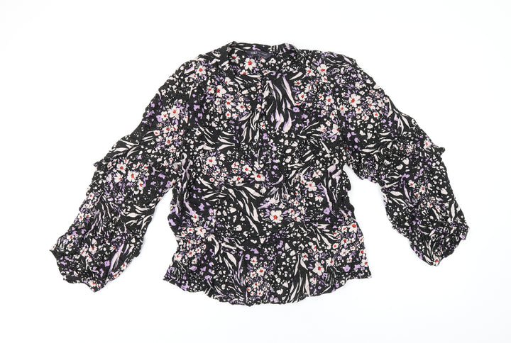 Marks and Spencer Womens Black Floral Viscose Basic T-Shirt Size 8 Round Neck