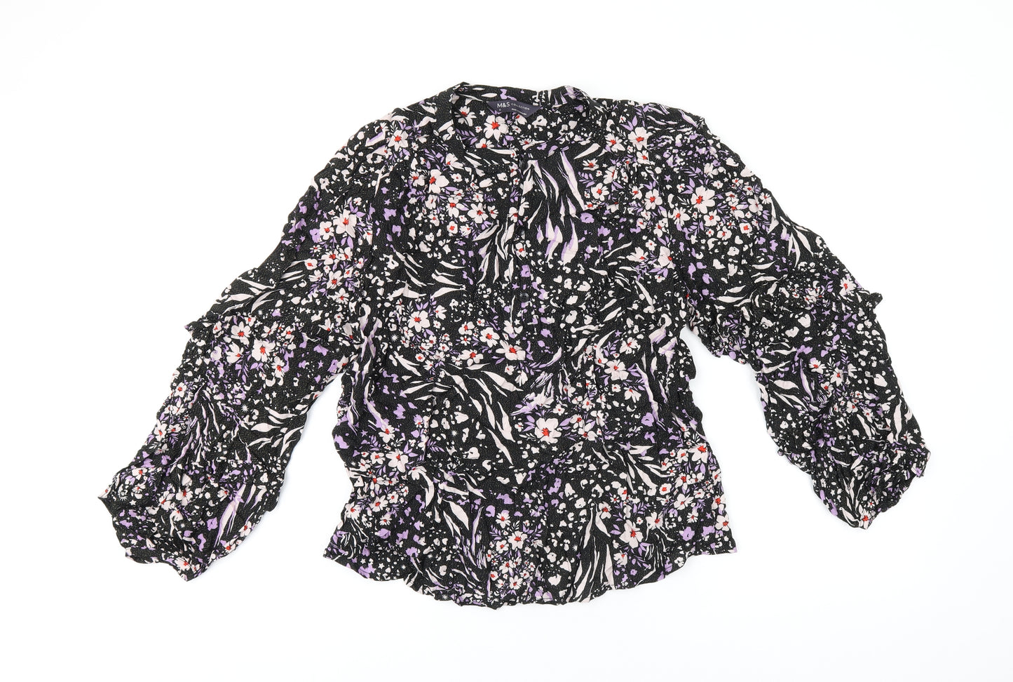 Marks and Spencer Womens Black Floral Viscose Basic T-Shirt Size 8 Round Neck