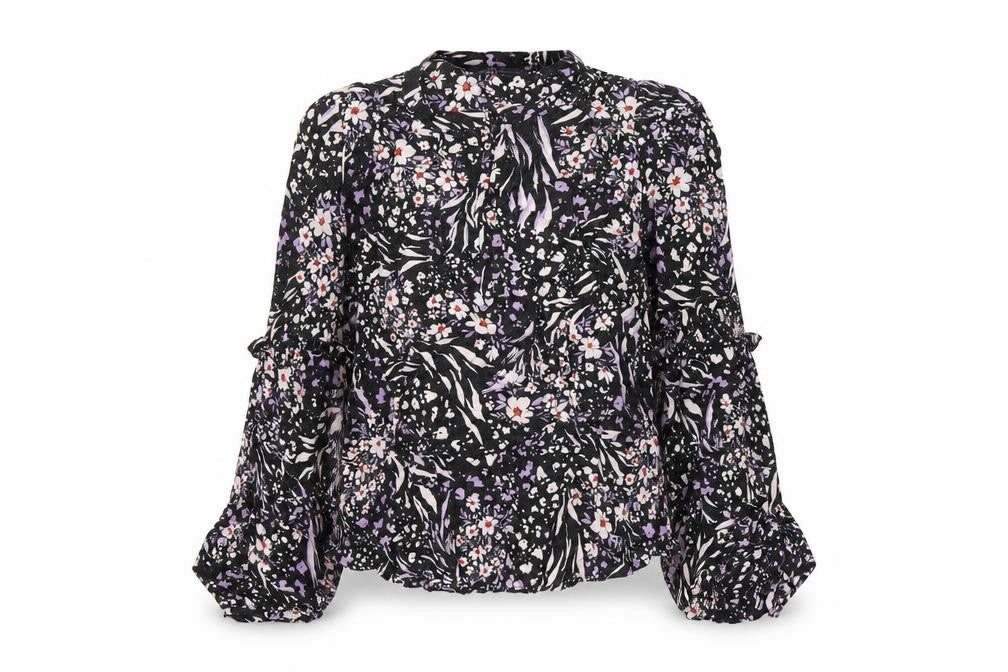 Marks and Spencer Womens Black Floral Viscose Basic T-Shirt Size 8 Round Neck