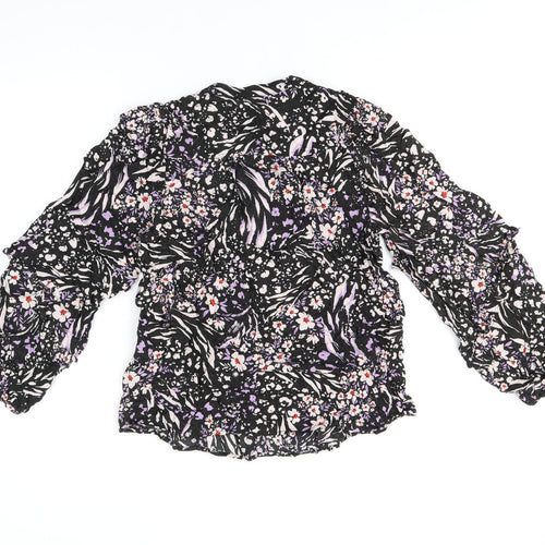 Marks and Spencer Womens Black Floral Viscose Basic T-Shirt Size 8 Round Neck