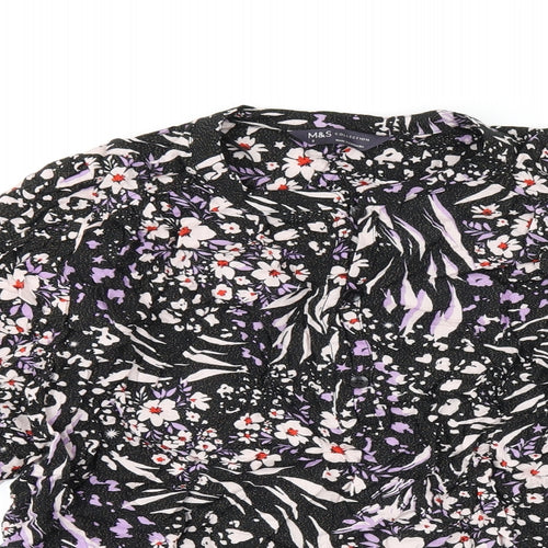 Marks and Spencer Womens Black Floral Viscose Basic T-Shirt Size 8 Round Neck