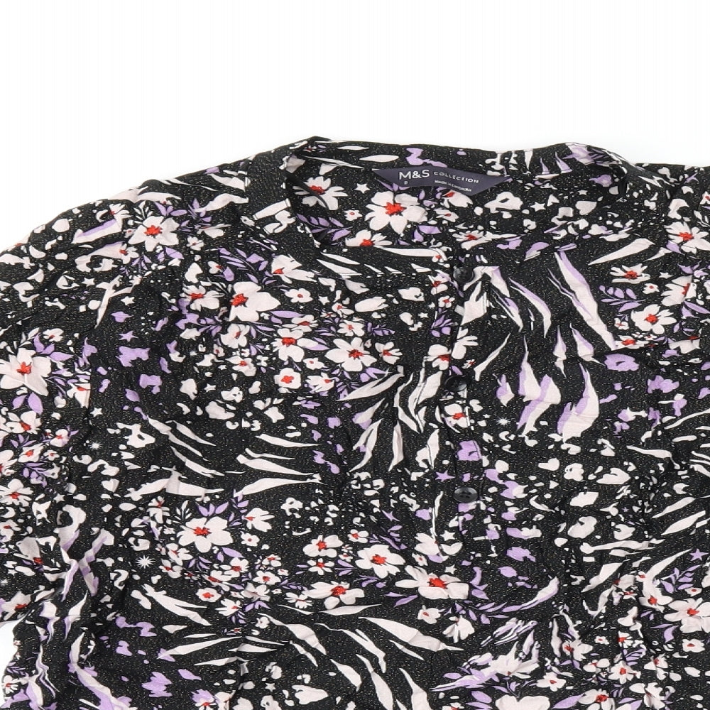 Marks and Spencer Womens Black Floral Viscose Basic T-Shirt Size 8 Round Neck
