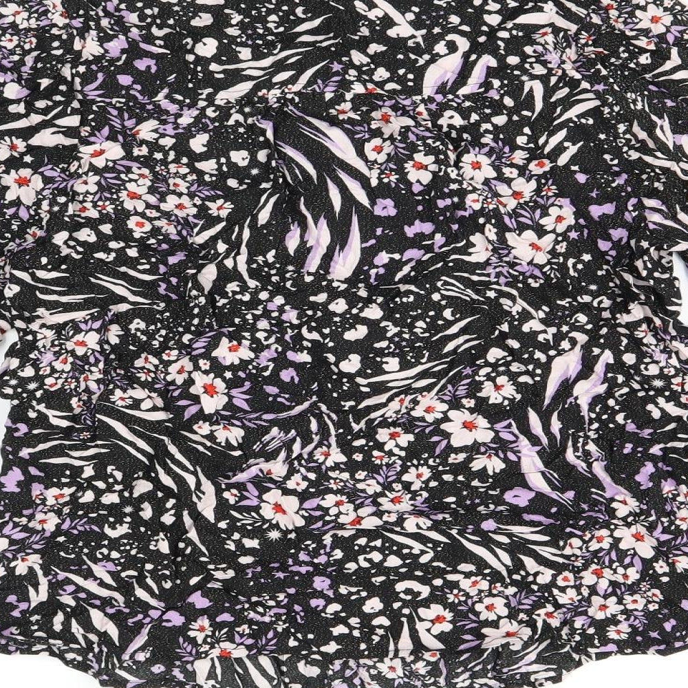 Marks and Spencer Womens Black Floral Viscose Basic T-Shirt Size 8 Round Neck