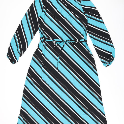 Marks and Spencer Womens Blue Striped Polyester A-Line Size 8 Round Neck Button - Belted