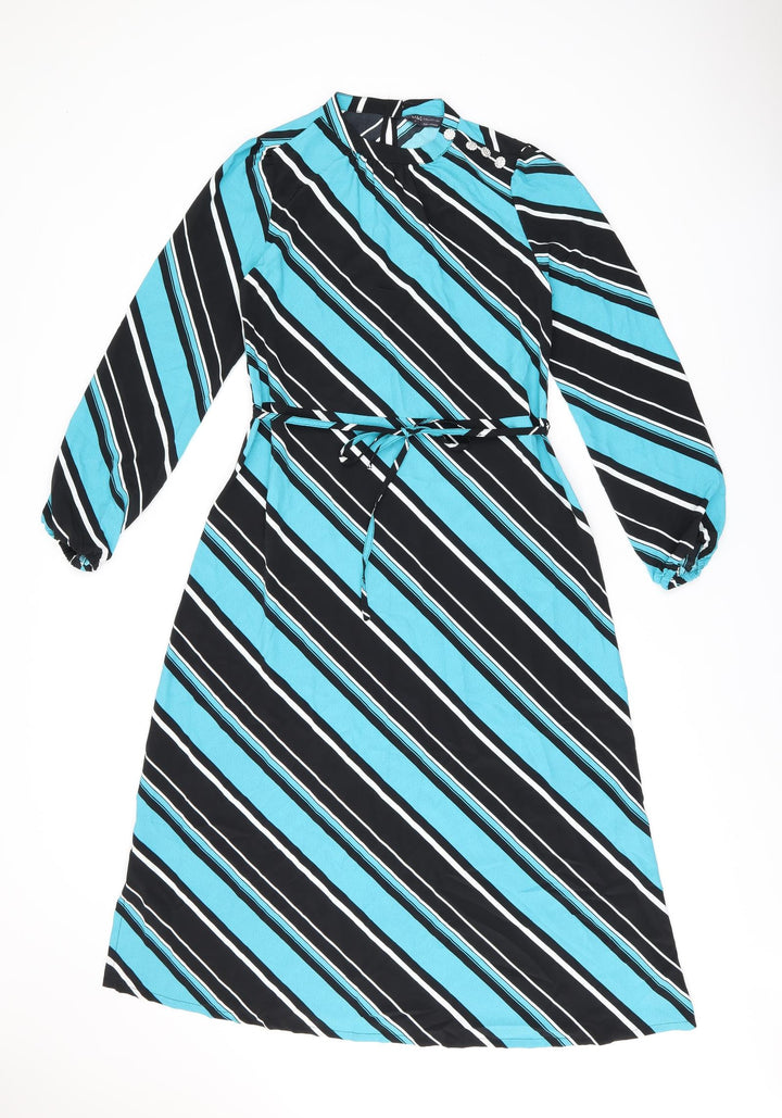 Marks and Spencer Womens Blue Striped Polyester A-Line Size 8 Round Neck Button - Belted