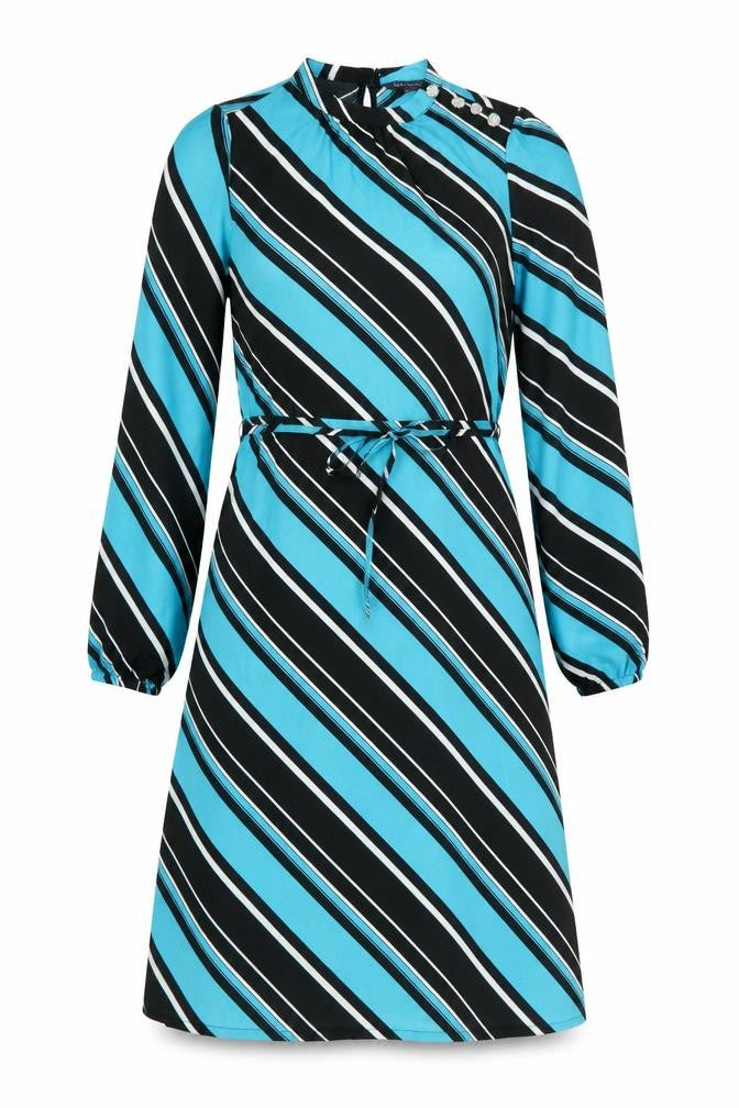 Front view of Marks & Spencer women’s blue striped polyester a-line, size UK 8, round neck button - belted