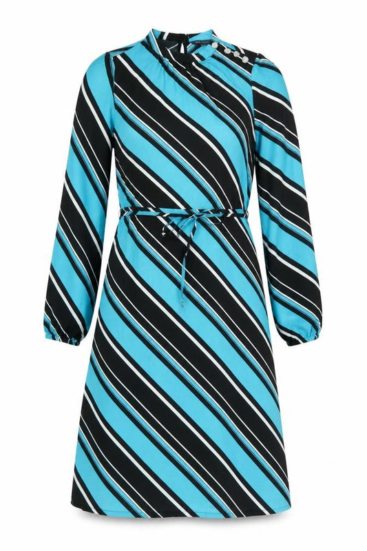 Front view of Marks & Spencer women’s blue striped polyester a-line, size UK 8, round neck button - belted