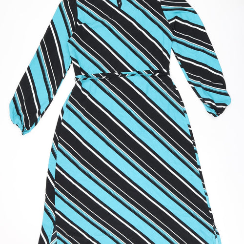 Marks and Spencer Womens Blue Striped Polyester A-Line Size 8 Round Neck Button - Belted
