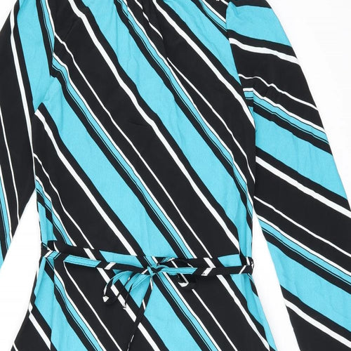Marks and Spencer Womens Blue Striped Polyester A-Line Size 8 Round Neck Button - Belted