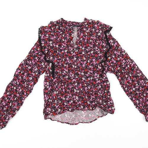 Marks and Spencer Womens Black Floral Viscose Basic T-Shirt Size 6 V-Neck