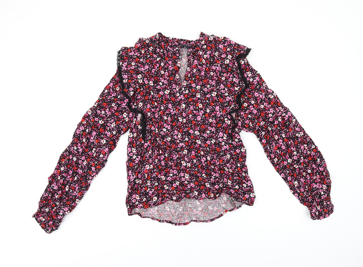 Marks and Spencer Womens Black Floral Viscose Basic T-Shirt Size 6 V-Neck