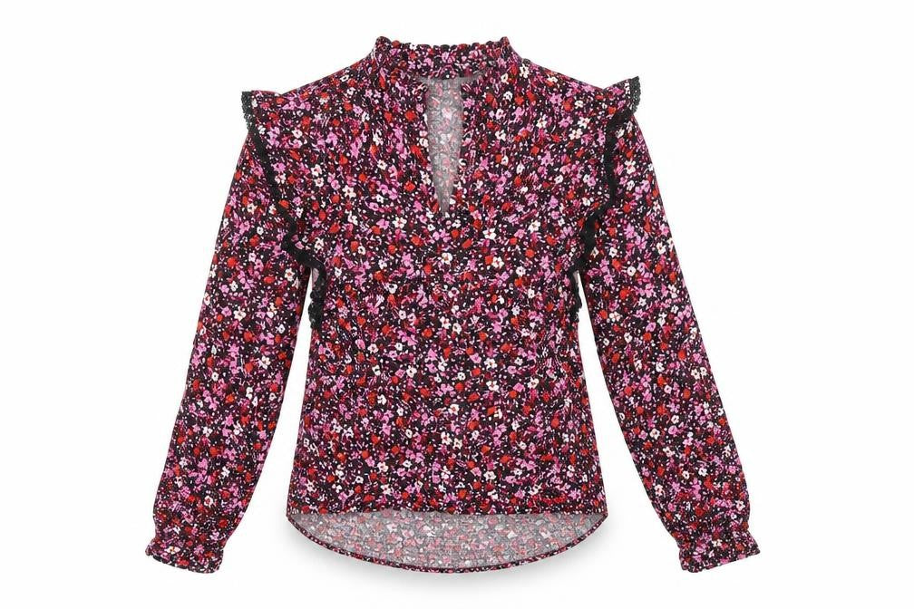 Front view of Marks & Spencer women’s black floral viscose basic t-shirt, size UK 6, v-neck