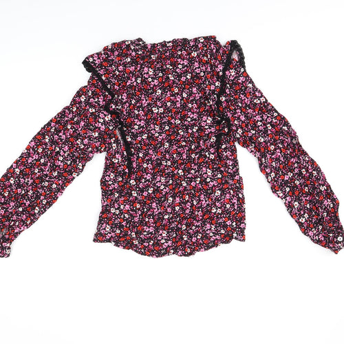Marks and Spencer Womens Black Floral Viscose Basic T-Shirt Size 6 V-Neck