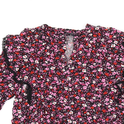 Marks and Spencer Womens Black Floral Viscose Basic T-Shirt Size 6 V-Neck