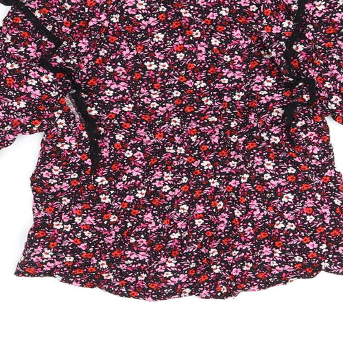 Marks and Spencer Womens Black Floral Viscose Basic T-Shirt Size 6 V-Neck