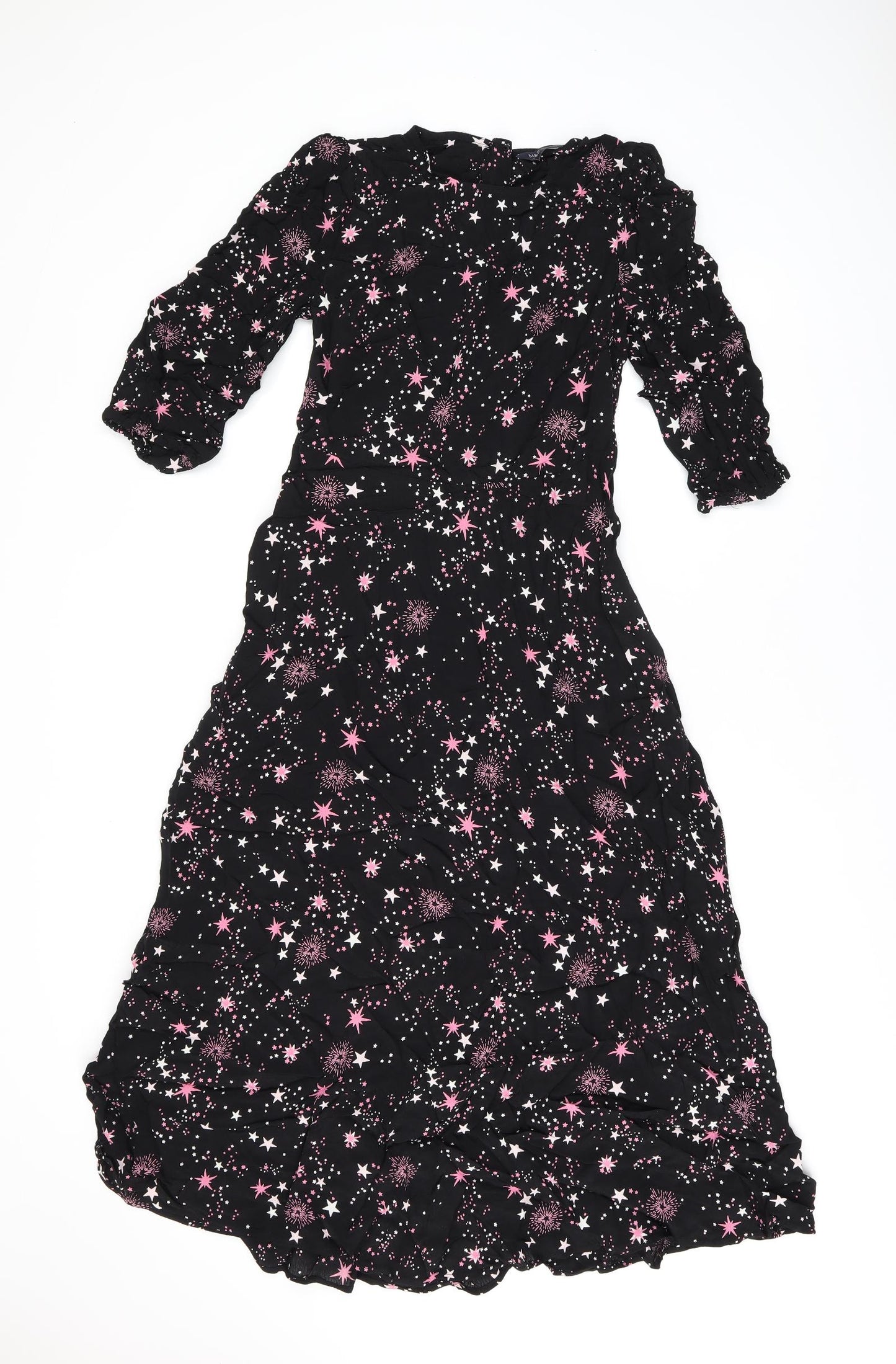 Marks and Spencer Womens Black Geometric Viscose A-Line Size 8 Round Neck Zip