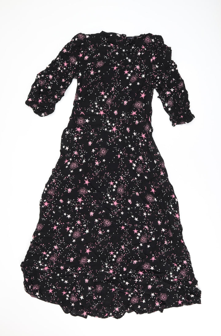 Marks and Spencer Womens Black Geometric Viscose A-Line Size 8 Round Neck Zip