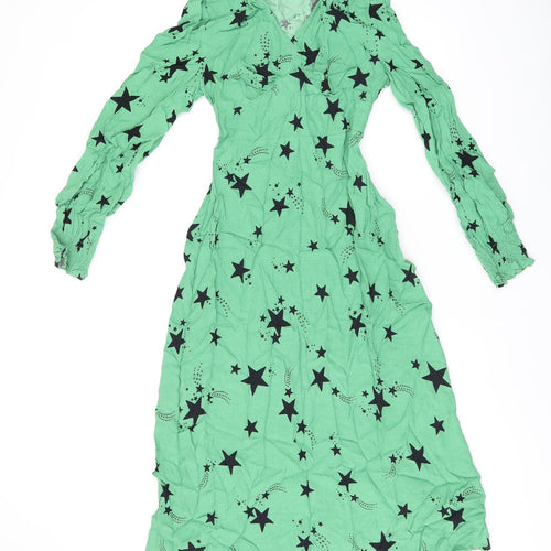 Marks and Spencer Womens Green Geometric Viscose A-Line Size 6 V-Neck Zip - Star Print