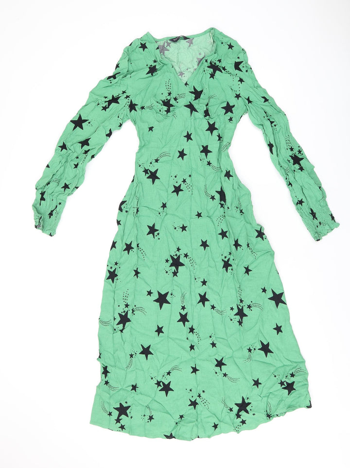 Marks and Spencer Womens Green Geometric Viscose A-Line Size 6 V-Neck Zip - Star Print