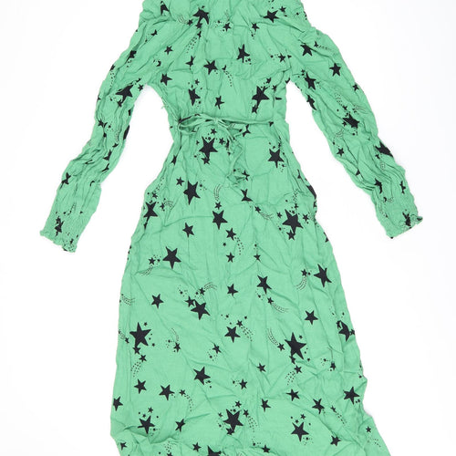Marks and Spencer Womens Green Geometric Viscose A-Line Size 6 V-Neck Zip - Star Print