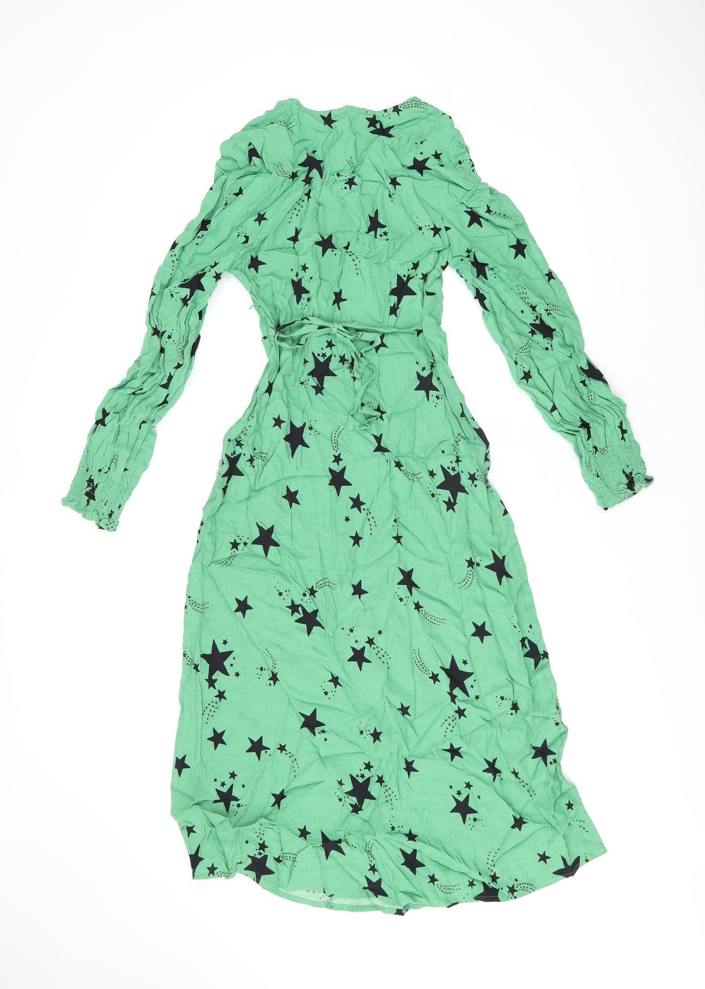 Marks and Spencer Womens Green Geometric Viscose A-Line Size 6 V-Neck Zip - Star Print
