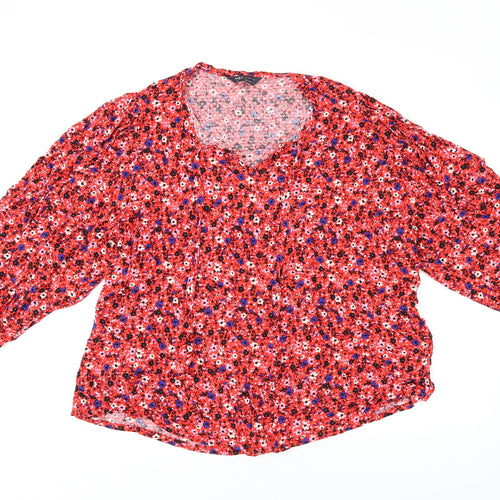 Marks and Spencer Womens Red Floral Viscose Basic T-Shirt Size 20 V-Neck