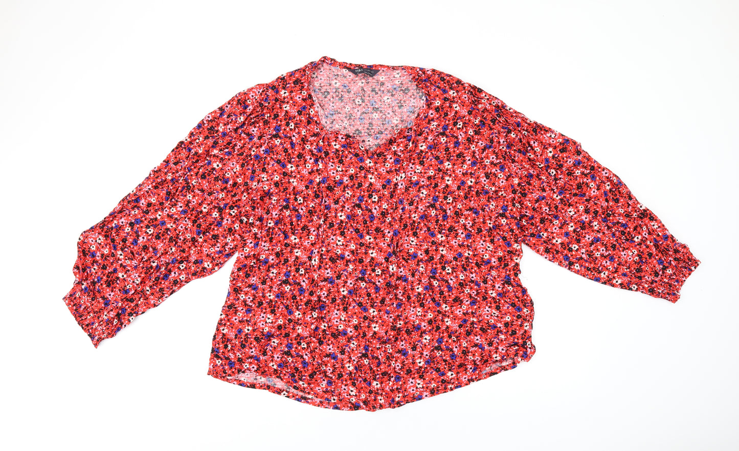 Marks and Spencer Womens Red Floral Viscose Basic T-Shirt Size 20 V-Neck