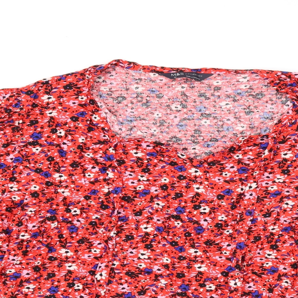 Marks and Spencer Womens Red Floral Viscose Basic T-Shirt Size 20 V-Neck