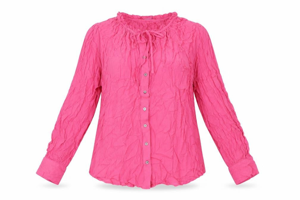 Front view of Marks & Spencer women’s pink viscose basic button-up, size UK 10, round neck