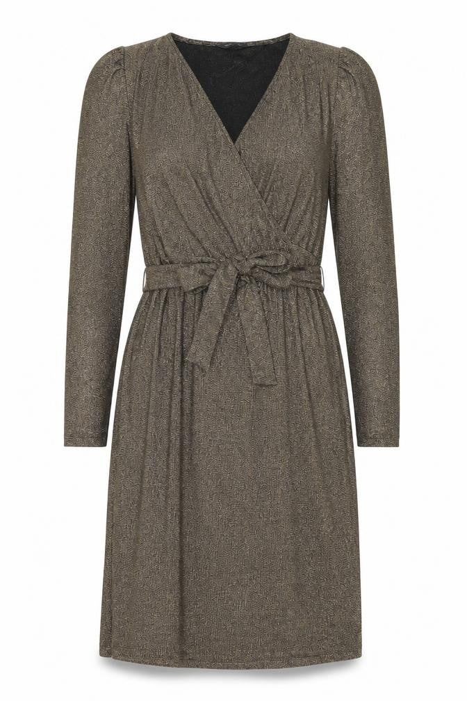 Front view of Marks & Spencer women’s gold polyamide a-line, size UK 10, v-neck pullover