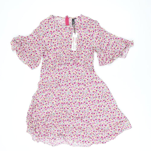 Nobodys Child Womens Pink Floral Viscose Skater Dress Size 10 Round Neck Zip