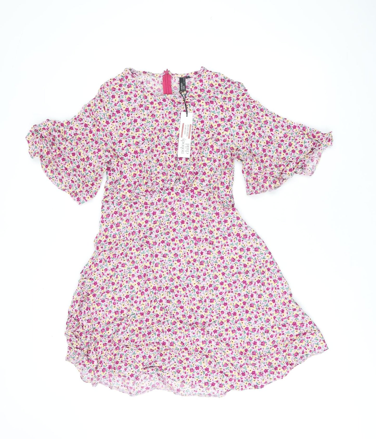 Nobodys Child Womens Pink Floral Viscose Skater Dress Size 10 Round Neck Zip