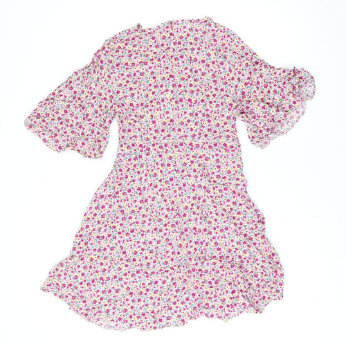 Nobodys Child Womens Pink Floral Viscose Skater Dress Size 10 Round Neck Zip