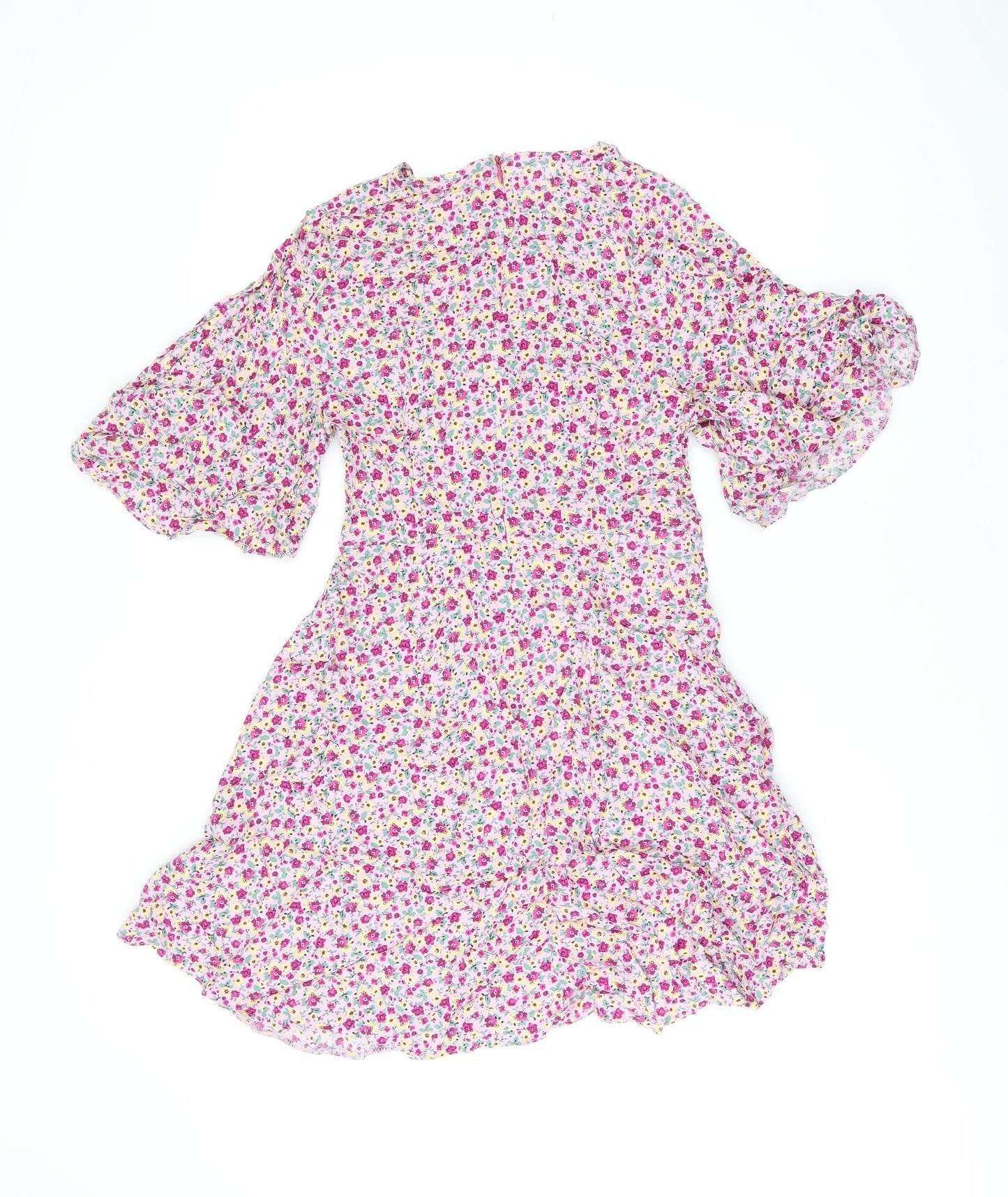 Nobodys Child Womens Pink Floral Viscose Skater Dress Size 10 Round Neck Zip