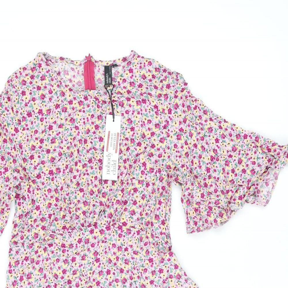 Nobodys Child Womens Pink Floral Viscose Skater Dress Size 10 Round Neck Zip