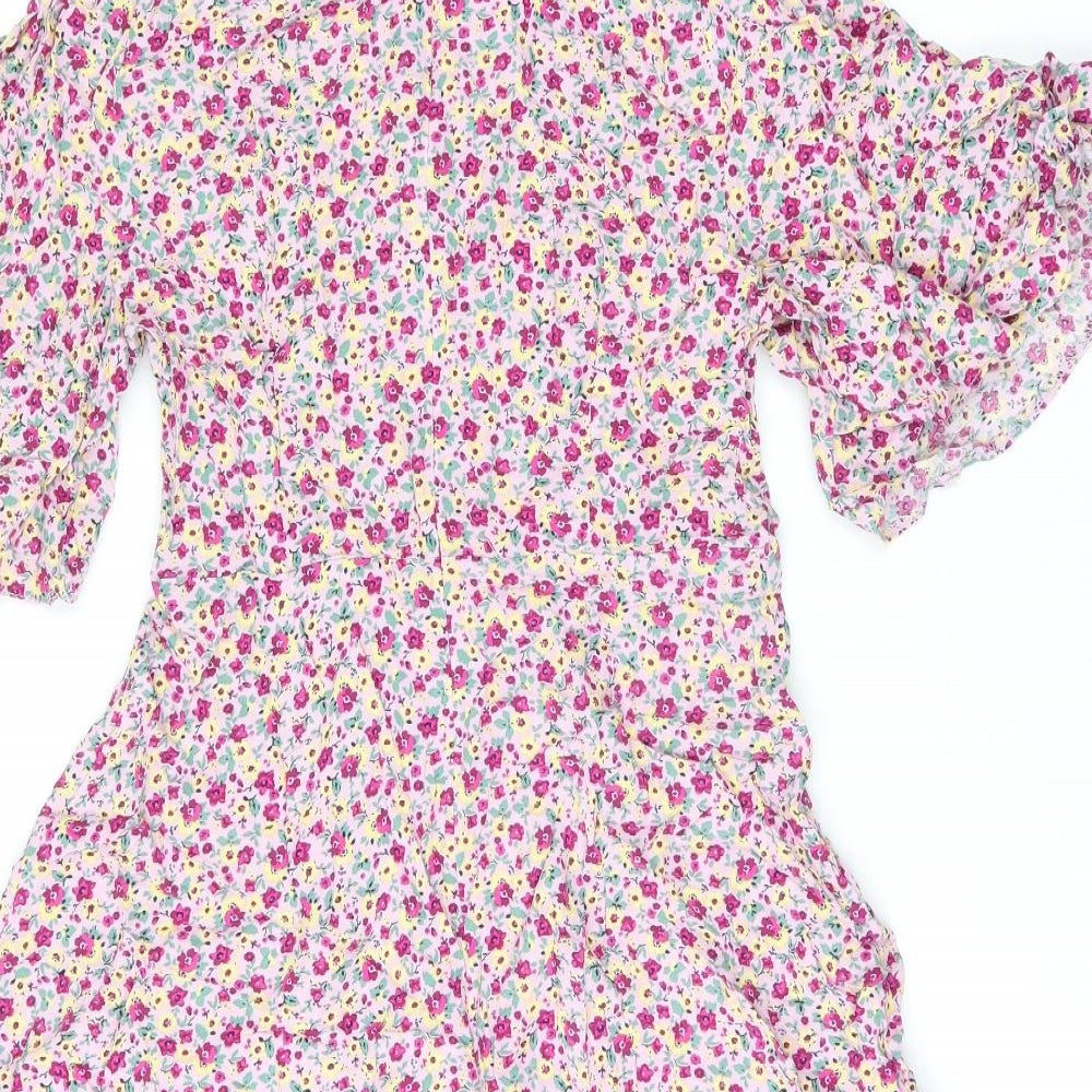 Nobodys Child Womens Pink Floral Viscose Skater Dress Size 10 Round Neck Zip