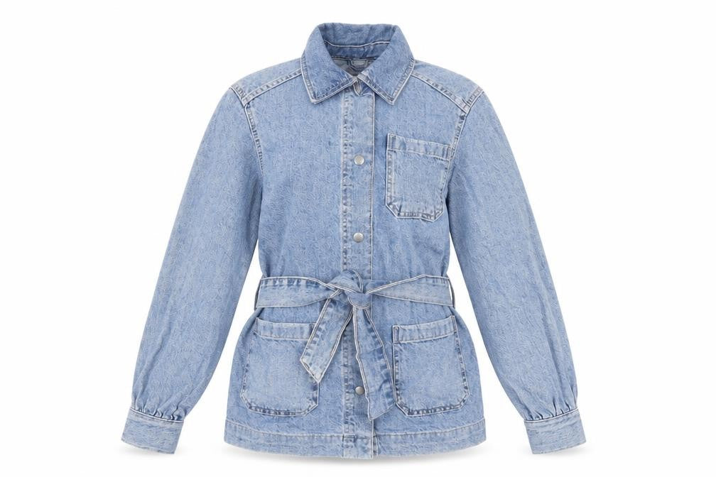 Front view of Marks & Spencer women’s blue jacket, size UK 8, snap - belted