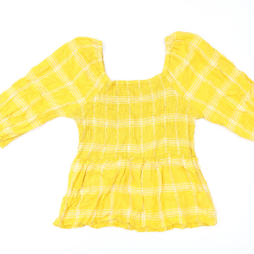 Marks and Spencer Womens Yellow Plaid Linen Basic T-Shirt Size 16 Square Neck