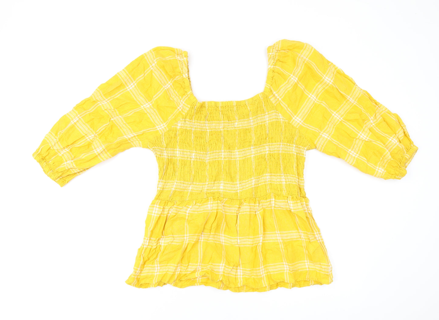 Marks and Spencer Womens Yellow Plaid Linen Basic T-Shirt Size 16 Square Neck