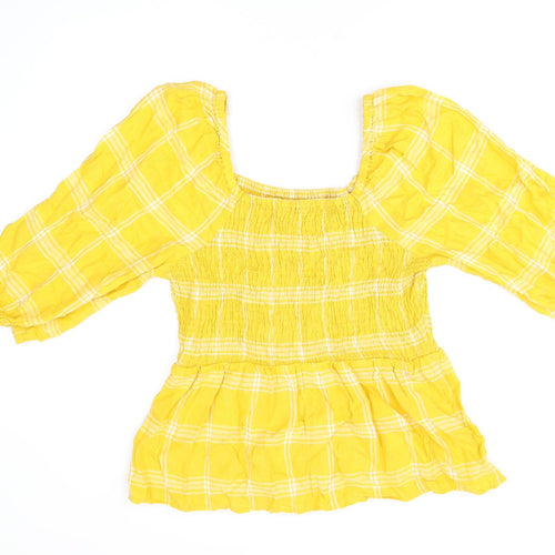 Marks and Spencer Womens Yellow Plaid Linen Basic T-Shirt Size 16 Square Neck