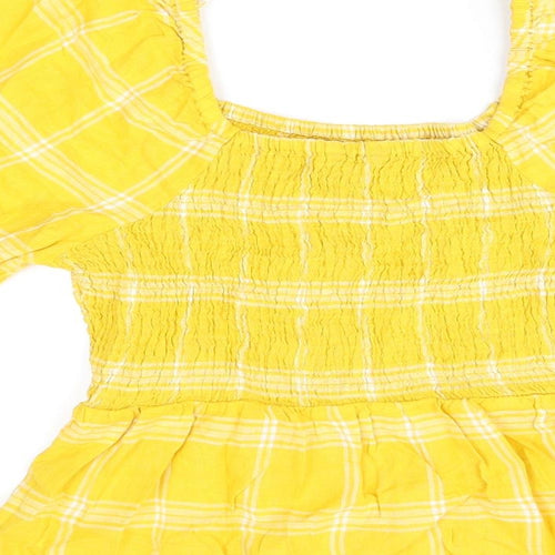 Marks and Spencer Womens Yellow Plaid Linen Basic T-Shirt Size 16 Square Neck