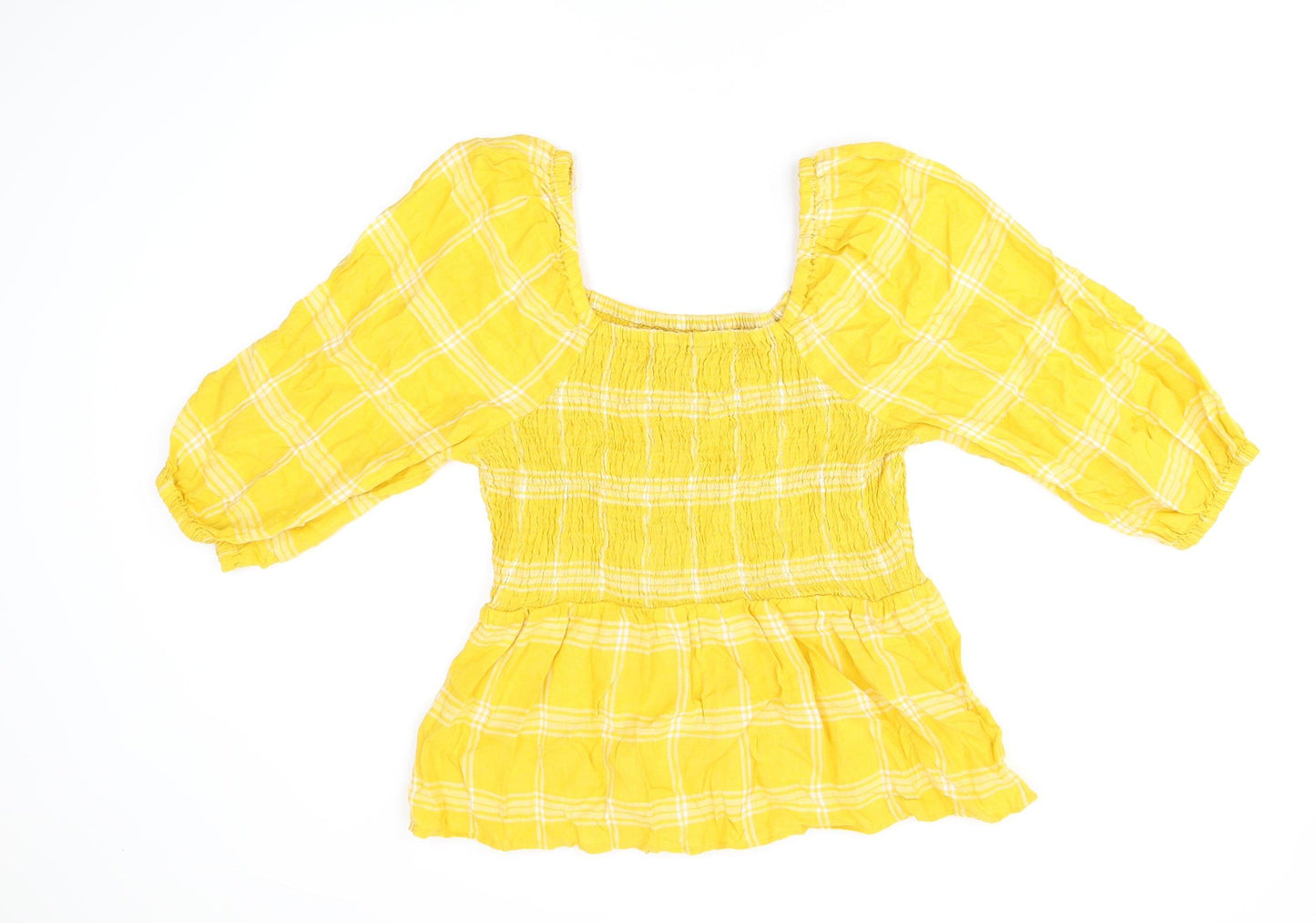 Marks and Spencer Womens Yellow Plaid Linen Basic T-Shirt Size 16 Square Neck