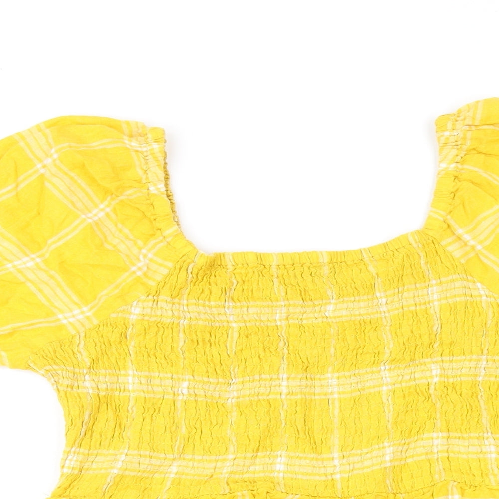 Marks and Spencer Womens Yellow Plaid Linen Basic T-Shirt Size 16 Square Neck