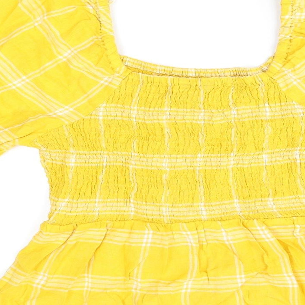 Marks and Spencer Womens Yellow Plaid Linen Basic T-Shirt Size 16 Square Neck
