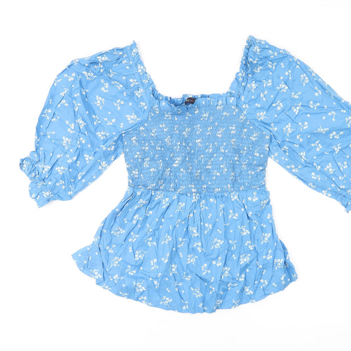 Marks and Spencer Womens Blue Floral Cotton Basic T-Shirt Size 10 Square Neck