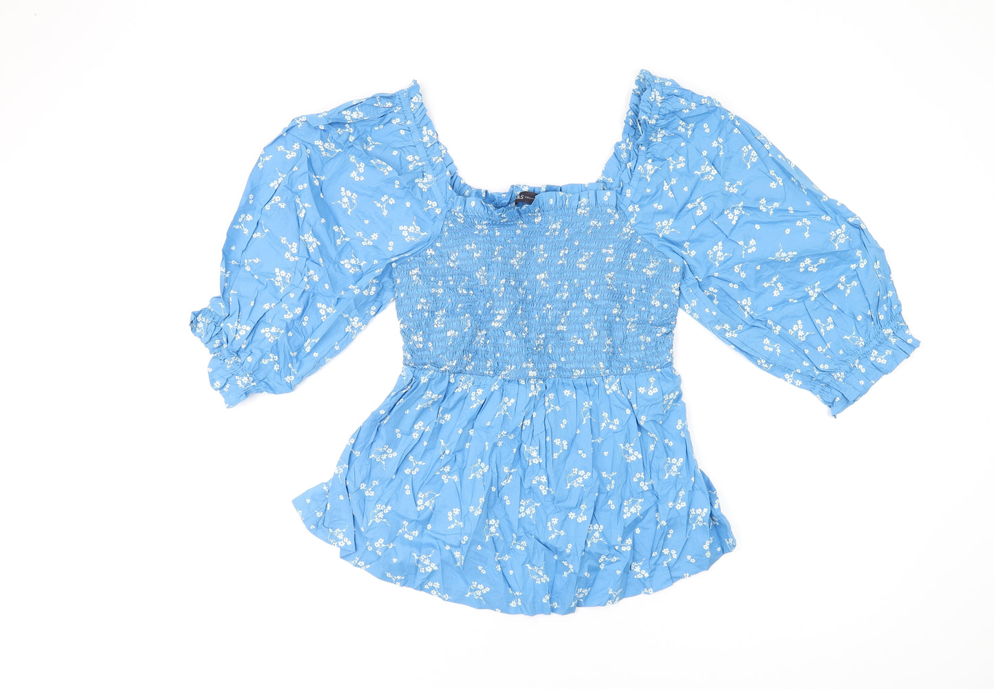 Marks and Spencer Womens Blue Floral Cotton Basic T-Shirt Size 10 Square Neck