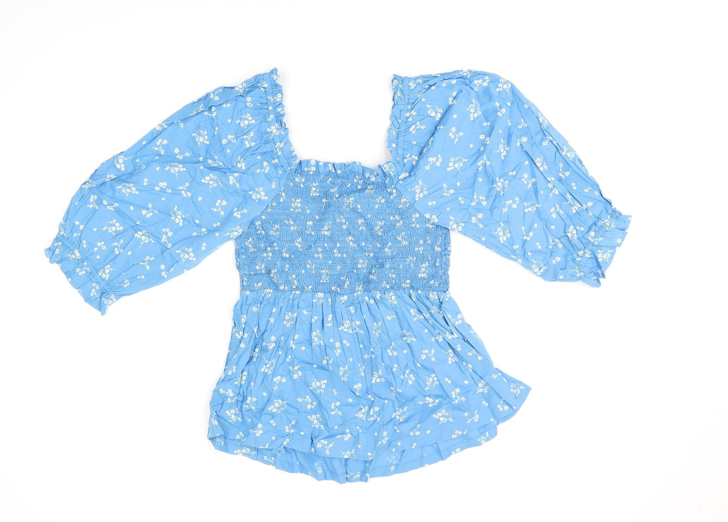 Marks and Spencer Womens Blue Floral Cotton Basic T-Shirt Size 10 Square Neck